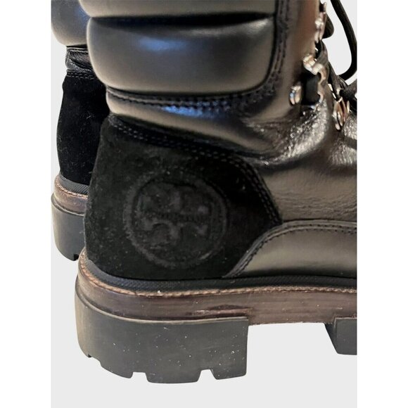 Tory Burch Miller Black Leather Suede Logo Lug Hiker Moto Ankle Boots - Picture 11 of 16